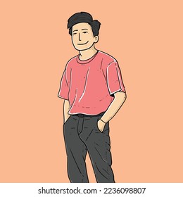 Sketch Happy Smiling asian man tshirt isolated on cream background vector modern illustrations