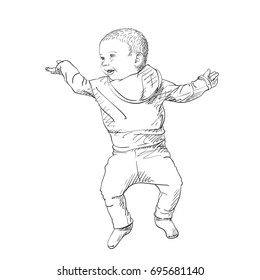 Sketch of happy smiling baby lies on back with hands up looking aside, Hand drawn hatched vector illustration isolated on white background view from top