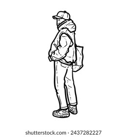 Sketch Happy Smiling guy boy man Cap jacket hoodie pants shoes facing left bringing totebag white Background vector modern illustration
