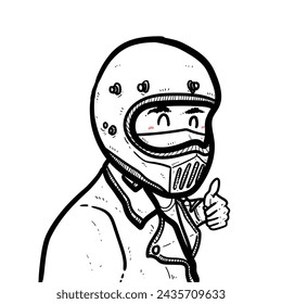 Sketch Happy Smiling Helmet rider with jacket sweater hoodie stand on white Background vector modern illustration