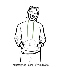 Sketch happy smiling rabbit face mask with cool hoodie white Background vector modern illustration