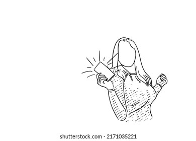 Sketch Of Happy Woman Dancing While Watching Music Video On Smartphone Application. Vector Illustration Design.