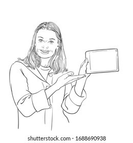 Sketch of happy woman with long hair showing her tablet screen, Hand drawn vector linear illustration isolated