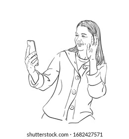 Sketch of happy woman talking video call on smartphone and waving with hand, Hand drawn vector linear illustration isolated