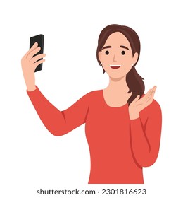 Sketch of happy woman talking video call on smartphone and waving with hand. Flat vector illustration isolated on white background