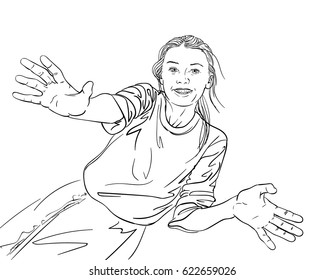 Sketch of happy young girl with hands apart with spread fingers, Hand drawn vector illustration, Line art