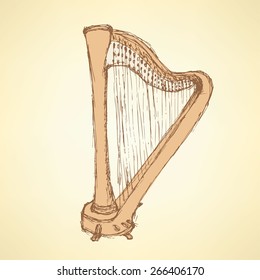 Sketch harp musical instrument in vintage style, vector
