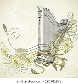 sketch  harp on a beige floral background