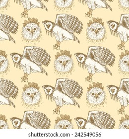Sketch harpia eagle head in vintage style, vector seamless pattern
