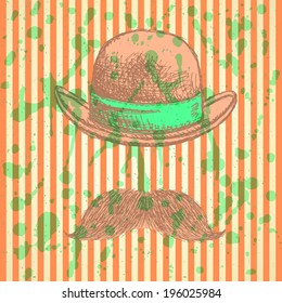 Sketch hat and mustache, vector vintage background