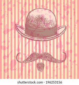 Sketch hat and mustache, vector vintage background