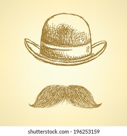 Sketch hat and mustache, vector vintage background