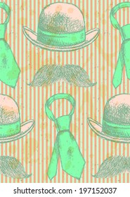 Sketch hat, tie and mustache, vector vintage seamless pattern