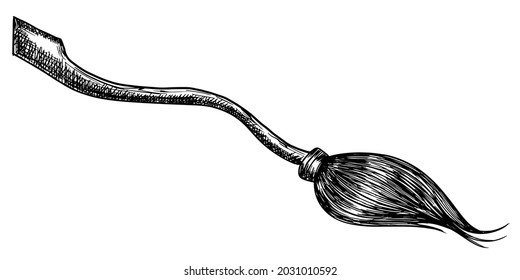 Sketch of a hatched broomstick on a white background. Detailed hand drawing of cleaning equipment. Graphic element of flying witches and wizards. The symbol of mysticism and Halloween.