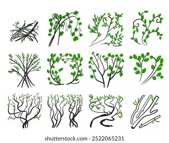 Sketch hatched leaves and twigs collection. Scribble dry branches, handdrawn sketchy plant elements isolated on white