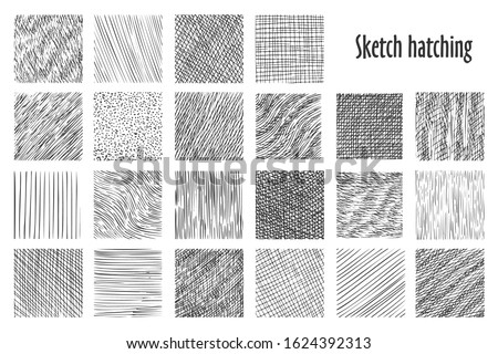 Sketch hatching patterns, abstract hand drawn vector backgrounds. Linear pencil sketch and doodle patterns, crossed, wavy and parallel lines, hatch sketching graphic texture Stockfoto © 