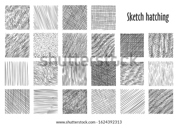 Sketch hatching\
patterns, abstract hand drawn vector backgrounds. Linear pencil\
sketch and doodle patterns, crossed, wavy and parallel lines, hatch\
sketching graphic\
texture