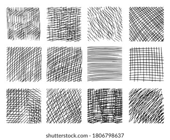 Sketch hatching. Pencil hatching texture with intersecting straight line set on white. Hand drawn criss-cross effect vector design. Grunge doodle scribble chaotic thin cross-sketch illustration