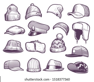 Sketch hats. Fashion mens caps design. Sports and knitted, baseball and trucker cap, seasonal headwear drawing vector fur warm earflaps collection