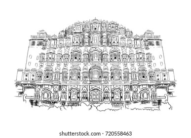 Sketch of Hawa Mahal Jaipur, rajasthan, India in vector illustration.