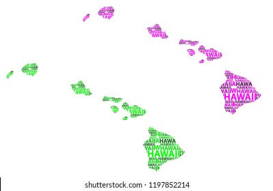 Sketch Hawaii (United States of America) letter text map, Hawaii map - in the shape of the continent, Map State of Hawaii - green and purple vector illustration
