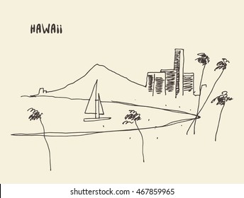 Sketch of a Hawaiian seaside view, vector illustration, hand drawn