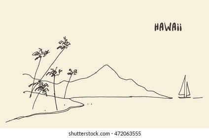 Sketch of a Hawaiian seaside view, vector illustration, hand drawn