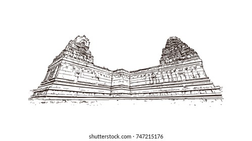 Sketch of Hazara Rama Temple in Hampi Karnataka, India in vector illustration.