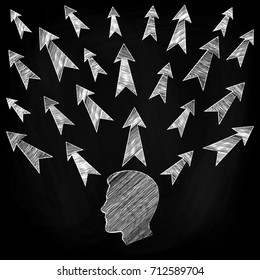 Sketch of the head and arrows showing different directions. Hand drawing. Vector illustration