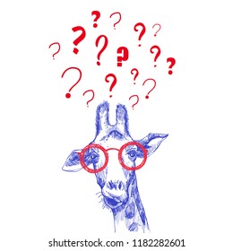 Sketch of the head of a giraffe façade hand drawn with question marks around the head. A thinking giraffe. Solution of the problem.