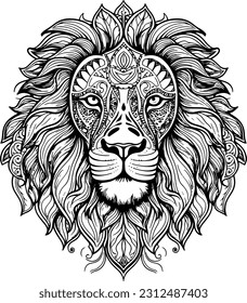 sketch head lion line art vector. black and white