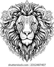 sketch head lion line art vector. black and white