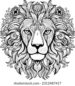 sketch head lion line art vector. black and white