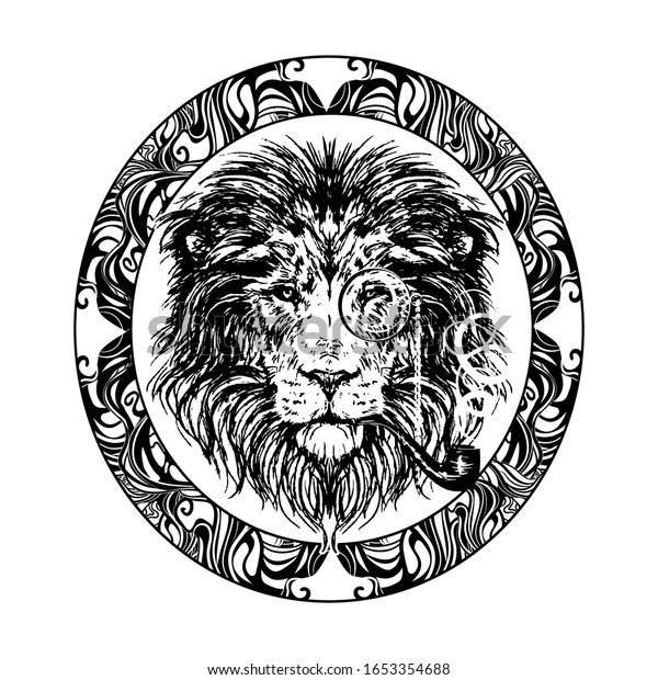 ライオンの頭のスケッチで タバコのパイプとピンスネズやモノクルの中に描かれています 擬人化 ここでは 獅子はレトロな時代のおしゃれな紳士のようです のベクター画像素材 ロイヤリティフリー