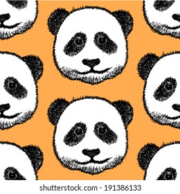 Sketch head of panda, vector vintage seamless pattern