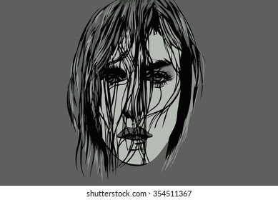 a sketch of the head   young man in black and white on  gray background