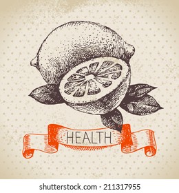 Sketch Healthy Background With Lemon. Hand Drawn Vector Illustration