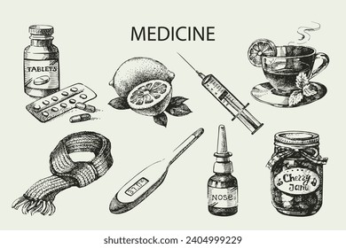 Sketch healthy and medical set. Hand drawn vector illustration