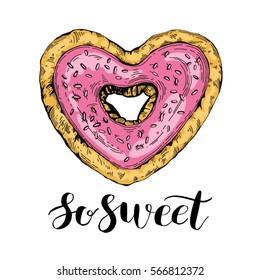 Sketch heart donut fast food. illustration isolated on white background. Template for label poster, logo, web, restaurant menu,