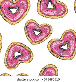 Sketch heart donut fast food. illustration isolated on white background. Template for label poster, logo, web, restaurant menu. Seamless pattern

