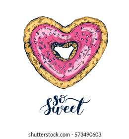 Sketch heart donut fast food. illustration isolated on white background. Template for label poster, logo, web, restaurant menu