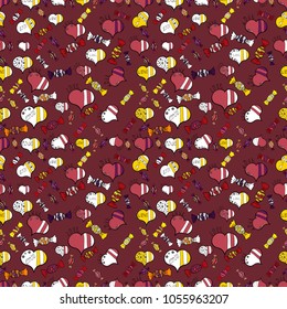 Sketch heart elements on brown, white and black colors. Vector illustration. Love repeated backdrop for girl, textile, clothes, wrapping paper. Romantic seamless. Valentine':s day.