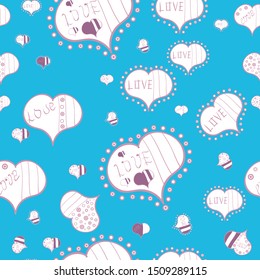 Sketch heart elements on neutral, blue and white colors. Romantic seamless. Valentine':s day. Vector illustration. Love repeated backdrop for girl, textile, clothes, wrapping paper.