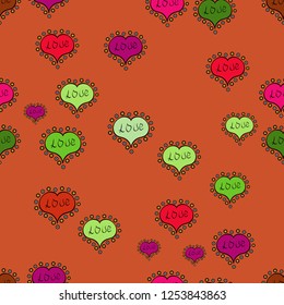 Sketch heart elements on orange, green and black colors. Vector sketch. Flat background for design. Baby background with colorful hearts. Wrapping paper. Hearts seamless pattern. Valentine':s day.