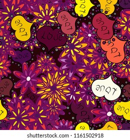Sketch heart elements on purple, yellow and brown colors. Vector illustration. Romantic seamless. Valentine':s day. Love repeated backdrop for girl, textile, clothes, wrapping paper.