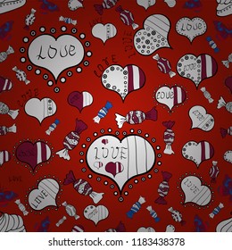 Sketch heart elements on red, white and black colors. Vector illustration. Flat background for design. Valentine':s day. Hearts seamless pattern. Baby background with colorful hearts. Wrapping paper.