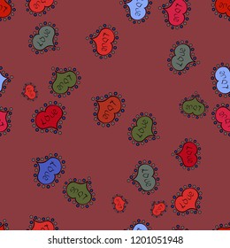 Sketch heart elements on red, black and blue colors. Flat background for design. Valentine':s day. Hearts seamless pattern. Baby background with colorful hearts. Vector illustration. Wrapping paper.