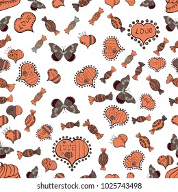 Sketch heart elements on white, orange and brown colors. Hearts seamless pattern. Vector design. Valentine':s day. Flat background for design. Baby background with colorful hearts. Wrapping paper.