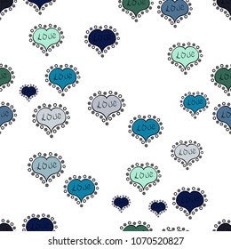 Sketch heart elements on white, blue and black colors. Romantic seamless. Valentine':s day. Vector illustration. Love repeated backdrop for girl, textile, clothes, wrapping paper.