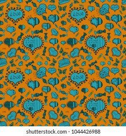 Sketch heart elements on yellow, blue and green colors. Wrapping paper. Seamless love pattern. Vector illustration. Valentine':s day. Love repeated backdrop for girl, textile, clothes.